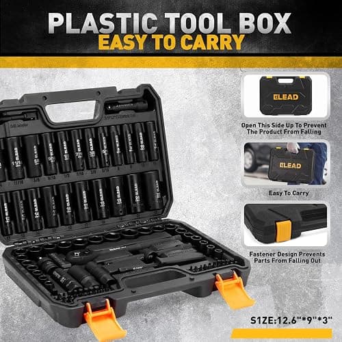 ELEAD 3/8" Drive Impact Socket Set, 96-Piece Deep & Shallow Socket Set Metric and Standard Full with Adapters, Ratchet Handle, Universal Joint, Extension Bar, Screwdriver Bit Sets, Spark Plug Sockets thumbnail 7