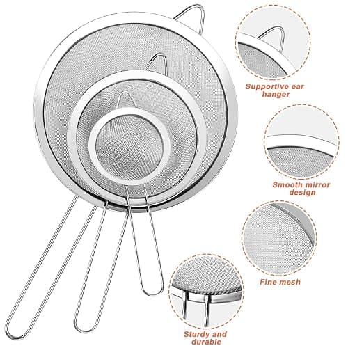 3Pcs Super Wire Extra Fine Mesh Strainer with Handle, Small Medium Large Size Sifter Metal Strainer Set, Stainless Steel Sieve Fine Mesh Strainers for Kitchen Rice Juice Quinoa Food Flour Baking YLYL thumbnail 4