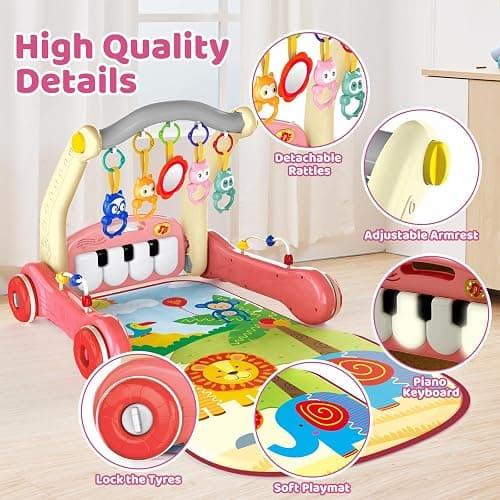 2 in 1 Baby Gym Play Mat with Walker, Kick and Play Piano Gym Activity for Boys Girls, Musical Activity Center Tummy Time Mat for 0-3-6-12-18 Months, Learning Walker Play Gym for Infant Girl Gift(RED) thumbnail 3