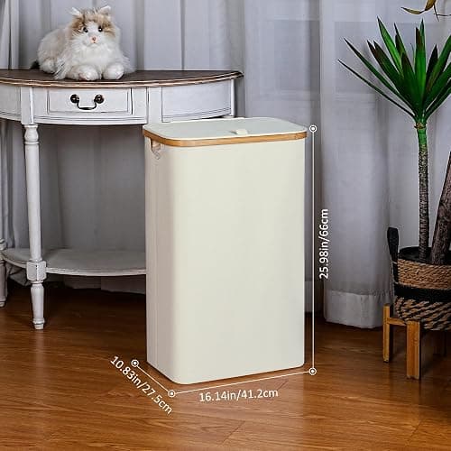 iEGrow Slim Laundry Hamper,75L Beige Narrow Laundry Basket with Lid,Foldable Clothes Hamper with Bamboo Handles,Hamper Basket with Removable Inner Bag for Laundry Room Bedroom College Dorm thumbnail 3