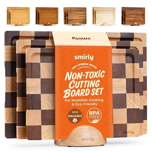 SMIRLY Wood Cutting Boards for Kitchen Wooden Chopping Board Set Reversible with Deep Juice Grooves Grip Handles, Large Charcuterie Tray for Home Kitchen, Rubber Wood, 3Pcs with Holder - Image 1