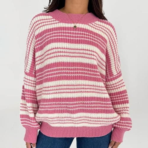 Striped Sweater Women Winter Fall Oversized Pullover Crew Neck Long Sleeve Knit Tops Y2k Streetwear thumbnail 3