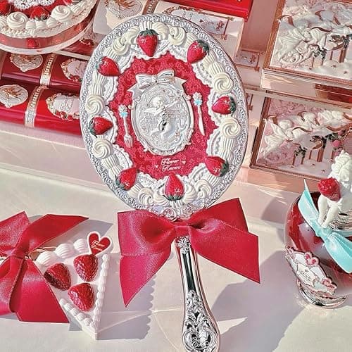 Flower Knows Strawberry Cupid Hand Mirror,Vintage Handheld Mirror,Fancy & Pretty Princess Mirror with Long Handle,Gift for Girls & Women(Red Velvet) thumbnail 4