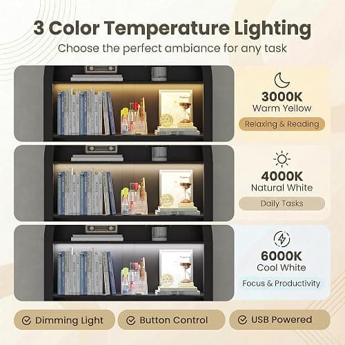 ZKIODV Arched Writing Desk with Hutch, Home Office Desk with 2 Drawers, Secretary Desk with Outlets, 3 Color LED Lights, Open Shelves, Computer Desk for Small Space, Bedroom 35.4" W x 70.8" H (Black) thumbnail 5