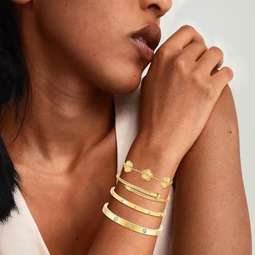 ISELBDR 18K Gold Bracelets for Women - Stackable Clover & Nail Love Bangle Set - Non-Tarnish Stainless Steel Jewelry Gift for Valentine's, Mother's Day & Christmas thumbnail 4