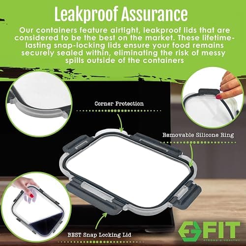 FIT Strong & Healthy Glass Meal Prep Containers, 2 & 3 Compartments – 32 oz Glass Containers with Lids, Food Storage with Black Lids, Oven & Freezer Safe, Leak-Proof Bento Box Adult, 4 Pack thumbnail 4