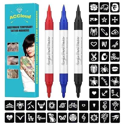 Temporary Tattoo Markers for Skin Paint Pens Kit, 3 Body Markers+ 63 Tattoo Stencils Kit, Flexible Brush Tip, Skin Safe for Art Projects, Drawing (3 Colors-A) - 3 Colors-A - Image 1
