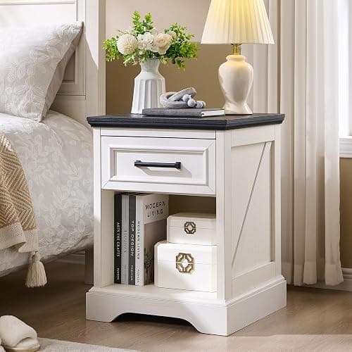 ACCOHOHO 18" Farmhouse Nightstand with Charging Station, Bedside Table with Drawer and Large Open Shelf, Rustic End Table for Bedroom - White - Image 1