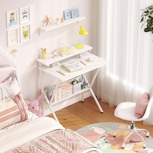 COTUBLR Small Desk, 27.5 Inch Small Computer Desk for Small Spaces, Computer Desk with Adjustable Monitor Stand, Compact Desk with Storage, Tiny Desk Study Desk for Bedroom Home Office, White thumbnail 2