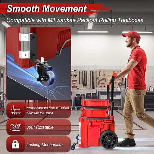 Upgraded 360° Dual Front Wheels, Packout Wheels Compatible with Mil.Waukee Packout Rolling Toolboxes, Packout Toolbox Accessories, 200 Lbs Capacity thumbnail 2