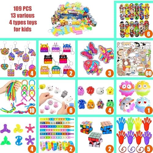 109 PCS Premium Party Favors Toys for Kids,Assortment Mini Pop Fidget it Toys for All Ages Kids,Classroom Prizes,Treasure Chest, Prize Box Toys, Goody Bag Fillers,Carnival Prizes for Boys Girls 4-10 thumbnail 7