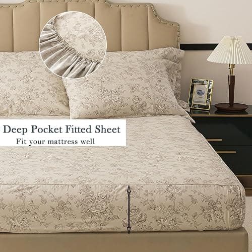 FADFAY Luxury 100% Cotton Percale King Sheet Set – 4-Piece Vintage Botanical Floral Bedding, Hotel-Quality Crisp & Breathable Sheets, Deep Pocket Fitted Sheet, Elegant French Country Cottage Style thumbnail 4