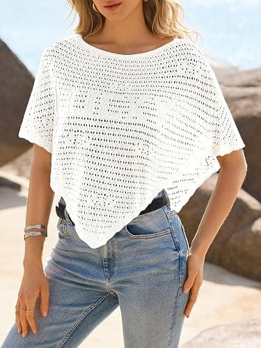 Fisoew Womens Crochet Cover Up Summer Sheer Ponchos Shawl Boho Beach Vacation Off The Shoulder Knit Tops Swimsuit Coverups thumbnail 3