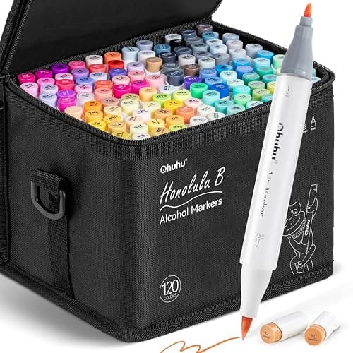Ohuhu Alcohol Markers Brush Tip - 120-color AP Certificated Double Tipped Art Marker Set for Artist Adults Cozy Coloring Drawing Illustration - Brush and Fine Dual Tips - Honolulu B - Refillable - Image 1