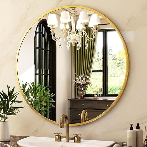 HARRITPURE Round Mirror 30 Gold Wall Mounted Circle Mirrors Vanity Mirror with Brushed Aluminum Alloy Frame Modern Decoration for Bathroom, Living Room, Vanity, Bedroom, Entryway thumbnail 10