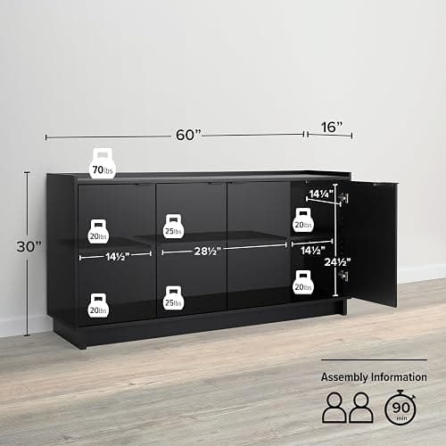 Prepac Simply Modern 4 Door Console Table Storage Cabinet, Buffet Cabinet for Storage and Organization, Modern Side Table with Doors & Shelves, 60”W x 30”H x 16”D, Black thumbnail 3