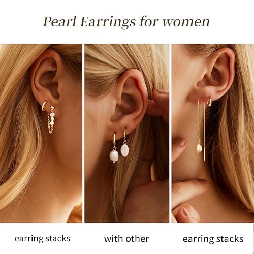 Pearl Earrings for Women, Gold Plated Huggie Hoop Drop Earrings | Hypoallergenic pearl hoop earrings designed for multiple piercings, cartilage styling and everyday wear thumbnail 3