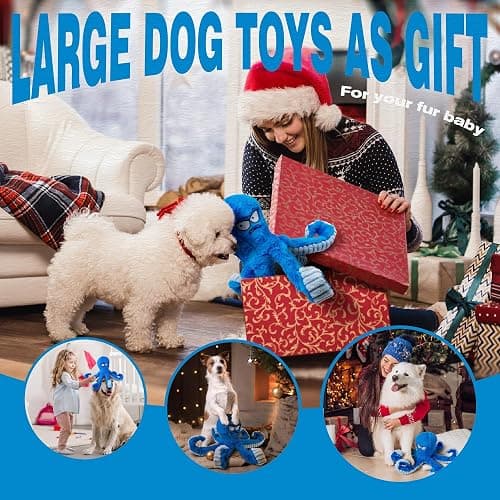 LEGEND SANDY Tough Dog Toys, Stuffed Chew Large Dog Toys to Keep Them Busy, Interactive Squeaky Tug of War Doggie Toy, Crinkle Blue Octopus thumbnail 7