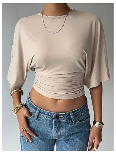 Verdusa Women's Half Sleeve Cinched Waist Tops Ruched Crew Neck T Shirts Going Out Crop Tops thumbnail 3
