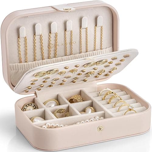 Vlando Travel Jewelry Case, PU Leather Travel Jewelry Box with Earring Holder, Portable Display Small Jewelry Box for Mothers Day Women Girls Gift - Pink - Image 1