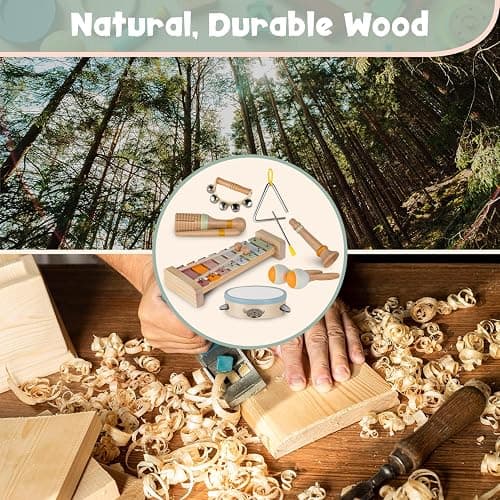 Stoie's Wooden Toddler Musical Instruments with Xylophone, Maracas, Triangle, Tamburine for Babies and Kids, Eco Friendly Montessori Educational Toy thumbnail 5