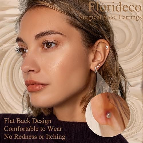 Florideco 14K Gold Plated Earrings for Women Hypoallergenic 20G Surgical Stainless Steel Flat Back Stud Earrings Dainty Stackable Earring Stacks Small Cartilage Earring Sets for Multiple Piercing thumbnail 2