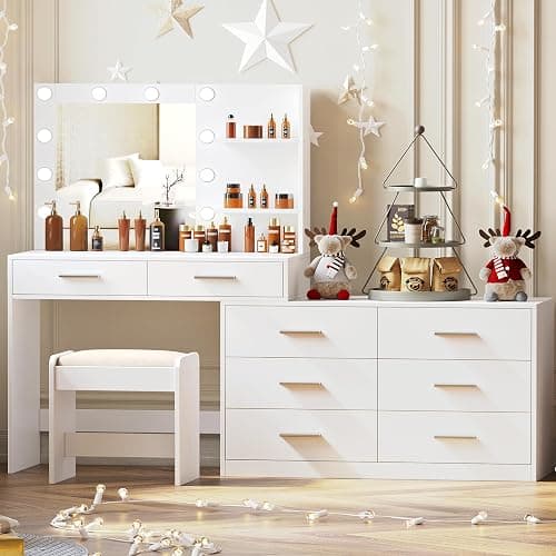 Rovaurx 65" W Makeup Vanity Set with Mirror and 3-Color Lights, Large Vanity Table with 8 Drawers & Side Storage Shelf, Adjustable Width, Bedroom Dressing Table with Stool, for Women, White RSZT109WD thumbnail 6