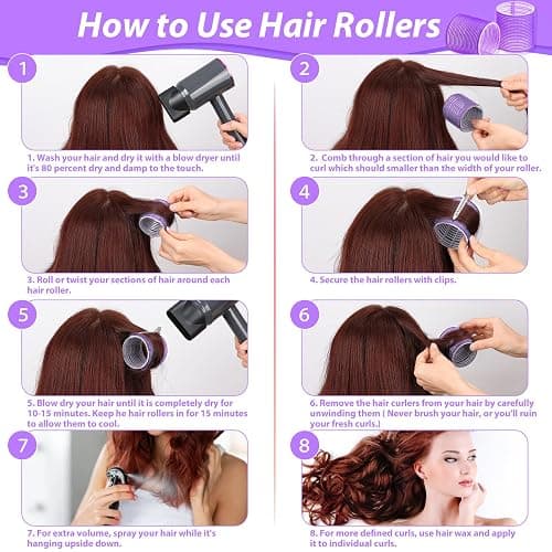 Jumbo Hair Curlers Set - 24 Pieces with 12 Large Rollers and 12 Clips for Adding Volume to Long, Thick Hair (Purple) thumbnail 6
