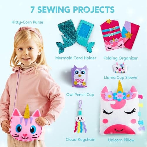 Klever Kits 7 Sewing Projects- My First Kids Sewing Kit- Easy DIY Arts and Crafts for Girls, Craft Kits, Birthday Gifts for Kids Aged 6+, Unicorn and Mermaid Pillow thumbnail 3