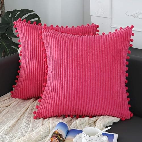 sykting Hot Pink Throw Pillow Covers 18x18 inch Soft Striped Boho Farmhouse Decorative Pillow Covers with Pom Poms for Couch Sofa Bed Chair Outdoor Pack of 2 - Image 1