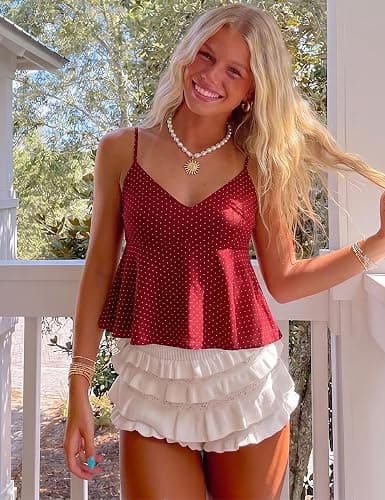 Lingswallow Women's Polka Dot Top Babydoll Tank Top V Neck Top for Summer | Retro Polka Dot, Cropped Babydoll, V Neck Camisole, Flowy Pleated Peplum Hem, Adjustable Shoulder Straps, Daily Casual Wear thumbnail 2