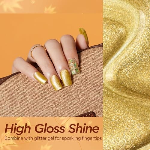 Modelones Gel Nail Polish, 6 Colors Fall Wine Brown Orange Green Jelly Gel Polish Yellow Gold Glitter Cat Eye Nail Polish with Magnet and Wooden Stick Soak Off LED Manicure Kit DIY Gift thumbnail 4