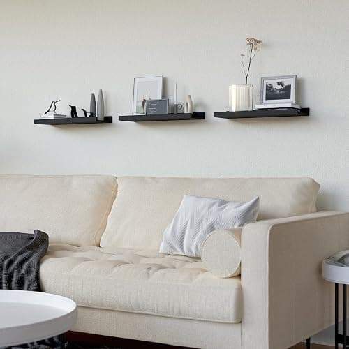 RICHER HOUSE 3-Set Floating Shelves with Lip, Black Small Wall Shelf, 16In | Display Picture Ledge Shelf, Anti-drop lip Shelf for Room Wall Decor, Bedroom Bathroom Storage Nursery Books, Easy Setup,Wood thumbnail 5