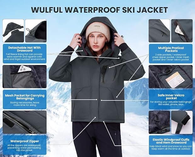WULFUL Women's Waterproof Ski Jacket Warm Winter Coats Windproof Winter Jackets for Women Fleece Lined Windbreaker with Hood thumbnail 5
