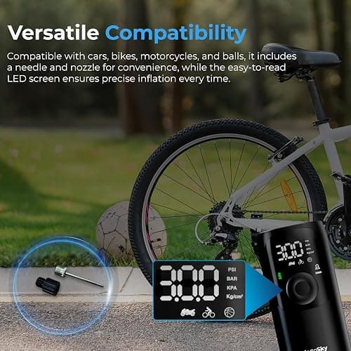 AUTOSKY Portable Tire Inflator & Air Compressor – Car Accessories with Flashlight & Power Bank, Air Pump for Car Tires, Bike Pump & Ball Pump, 150 PSI Fast Inflation, Digital Display & Auto Shutoff thumbnail 6