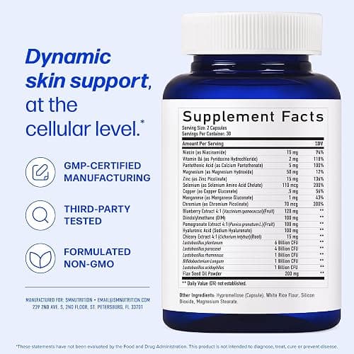 Clear Skin Supplement with Zinc, DIM & Probiotics | 3-in-1 Balance, Glow & Health Skin Support | Triple Action Hyaluronic Acid, Niaciminide & Vitamins for Hormone, Complexion & Gut Support | 60 Ct thumbnail 7