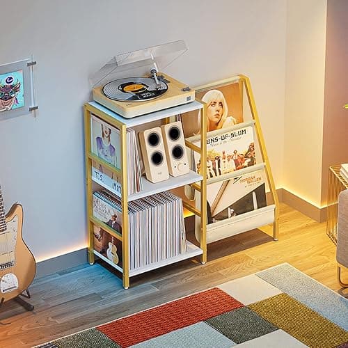Record Player Stand, Turntable Stand with 3-Tier Vinyl Record Storage, Record Player Table 200 Albums, End Table with Vinyl Display Holder Shelf, Record Player Cabinet Media Console for Stereo,Gold thumbnail 3