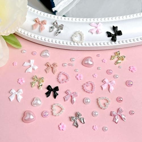 Gold Bow Nail Charms Kit, Cute Pink Flowers Bows 3D Nail Charms for Nails Decoration, White Flatback Pearls Heart Nail Art Jewels for Women Manicure DIY Crafts Accessories thumbnail 6