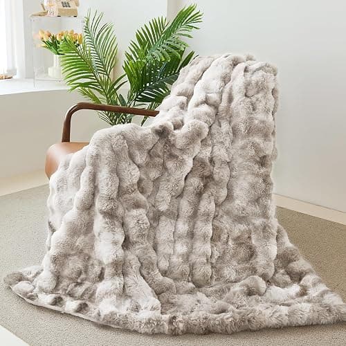Faux Rabbit Fur Throw Blanket for Couch, Fluffy Warm Plush Thick Bubble Blanket for Bed Sofa Living Room, Soft Cozy Furry Blanket, 50x60 inches, Tie-dye Khaki - Image 1