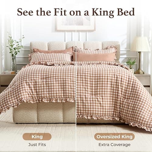 BDEUS 7 Pieces Gingham Ruffle Comforter Set Full Size, Brown Grid Tartan Bedding Set, Soft Breathable Fabric Comforter with Flat Sheet, Fitted Sheet, 2 Pillowcases & 2 Shams, 82"X86" thumbnail 6