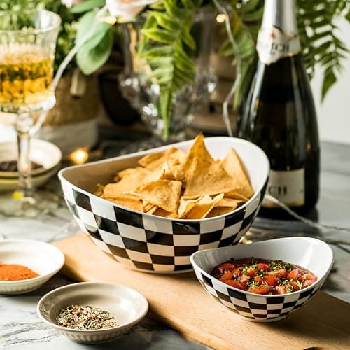 Miamolo Tiered Serving Bowls Chip and Dip Serving Set with Stand, Ceramic Appetizer Serving Dishes Platters and Trays for Parties Entertaining - Checkered Kitchen Decor thumbnail 7