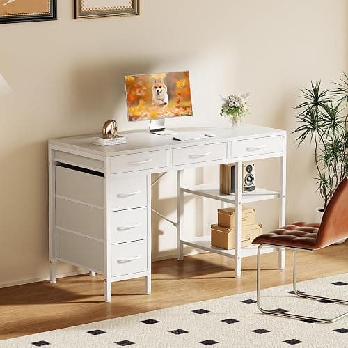 Sweetcrispy 47" Computer Desk with 6 Fabric Drawers & Storage Shelves | Reversible Gaming Desk, Office Desk, Computer Workstation, Corner Desk with Storag, Home Office, Living Room, White thumbnail 2