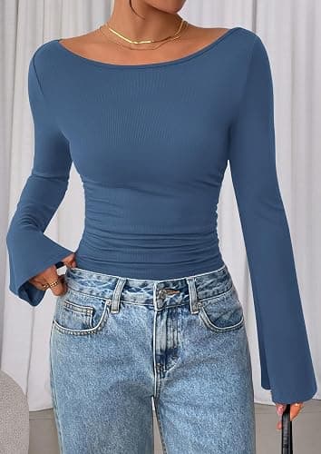 PRETTYGARDEN Women's Long Sleeve Shirts 2025 Fall Crop Going Out Tops Casual Boat Neck Bell Sleeve Ribbed Ruched Y2K Clothes thumbnail 8