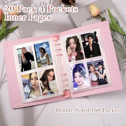 A5 Ballerina Kpop Photocard Binder - 6 Ring Kpop Photo Card Binder with 20 Pack 4-pocket Card Pages, PU Leather Kpop Collect Book, Pink Binder Album for Organizing K-pop Photocards thumbnail 4