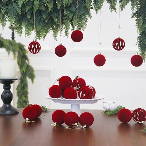 Senjie 3.15inch Burgundy Velvet Christmas Ornaments Balls Flocked Christmas Tree 12PCS Plastic Balls Xmas Hanging Ornaments Decoration Red thumbnail 2