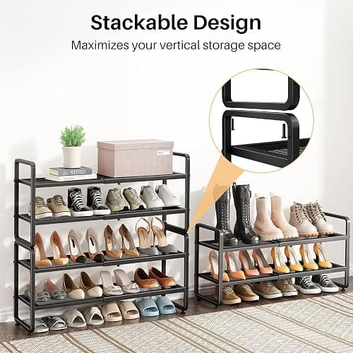 SNTD Shoe Rack - Expandable Shoe Organizer for Closet, Adjustable Metal Shoe Shelf Storage, Stackable Long Shoe Stand Holder for Garage, Entryway, Door Entrance (Black, 2-Tier) thumbnail 6