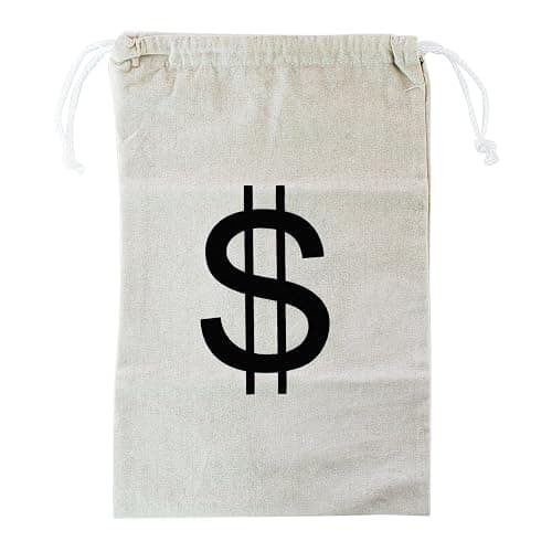 Super Z Outlet Large Canvas Natural Money Bag Pouch with Drawstring Closure and Dollar Sign Design for Toy Party Favors, Bank Robber Cowboy Pirate Theme, Carrying Case Sack thumbnail 2