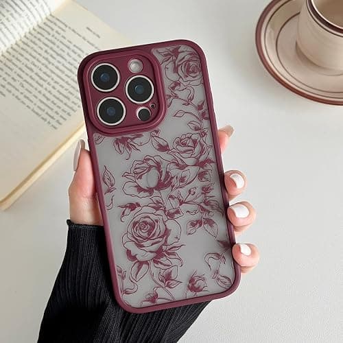 XIZYO Hülle für iPhone 14 Pro Max 6,7 Zoll, Niedlich Matt Rose Blume Floral Muster Ästhetisch Handyhülle, für Mädchen Frauen Luxus Weiche TPU Stoßfest Schutzhülle, Zweig Rose/Wein Rot thumbnail 3