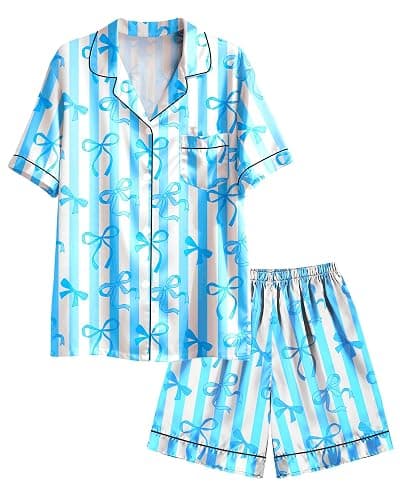 Nidoul Girls Pajamas Satin Pajama Set Silk Pjs Short Sleeve Button Down Summer Bow Sleepwear for Big Kids 7-14Y - Image 1