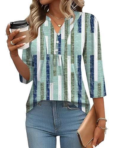 IECCP 3/4 Length Sleeve Womens Tops Dressy Casual Henley V-Neck Summer Tops | Business Casual Outfits,Cute Pleated T-Shirts,Loose Fit Tunics,Soft Lightweight Basic Tees,Work Blouses,2026 Fashion Clothes - Image 1